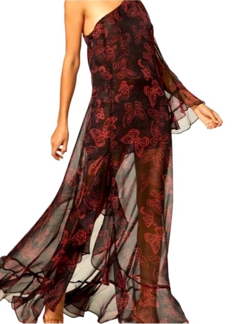 $480 MSRP NWT Misa Sheer One-Shoulder Red & Black Butterfly Maxi Dress size L